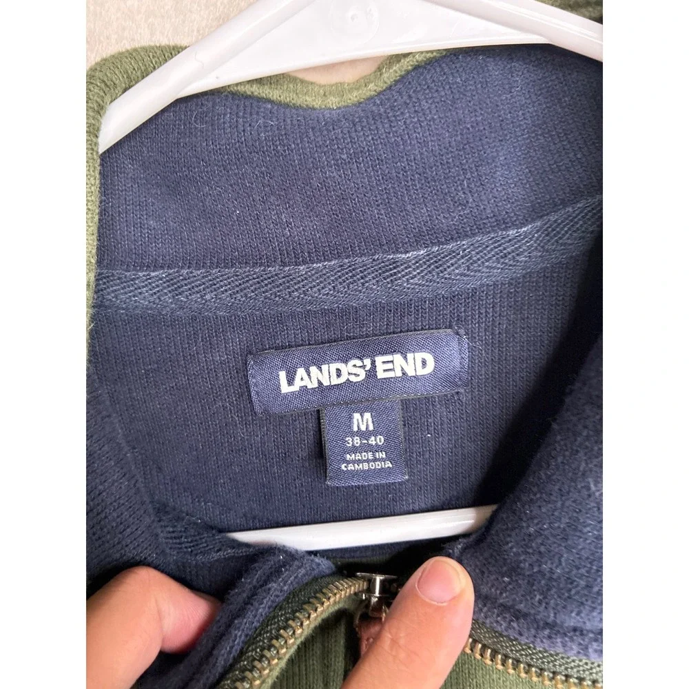 Lands End Mens Quarter Zip Pullover Sweater Olive Green Cotton 447688 Size M
